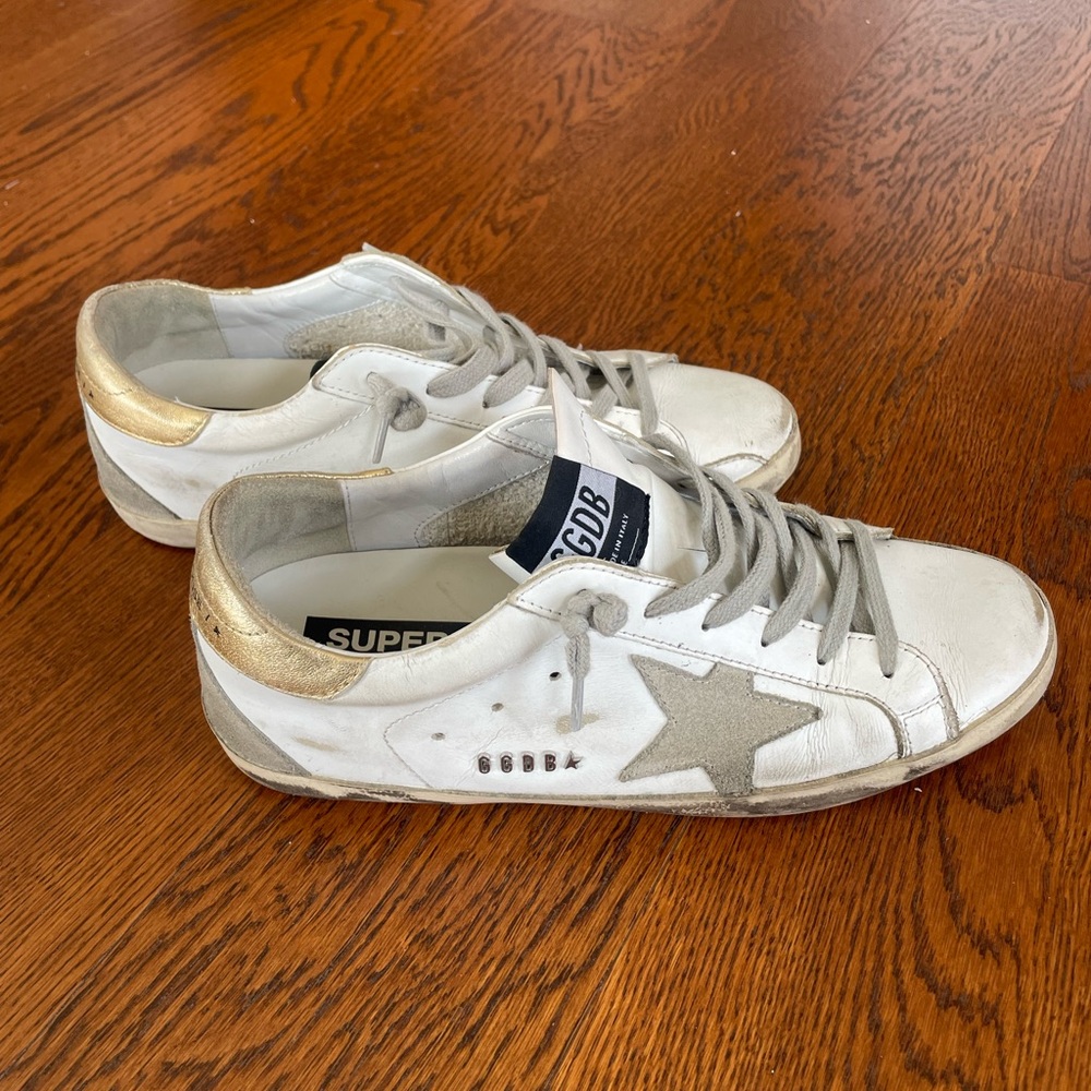 Golden Goose Cream and Gray Superstar Sneakers